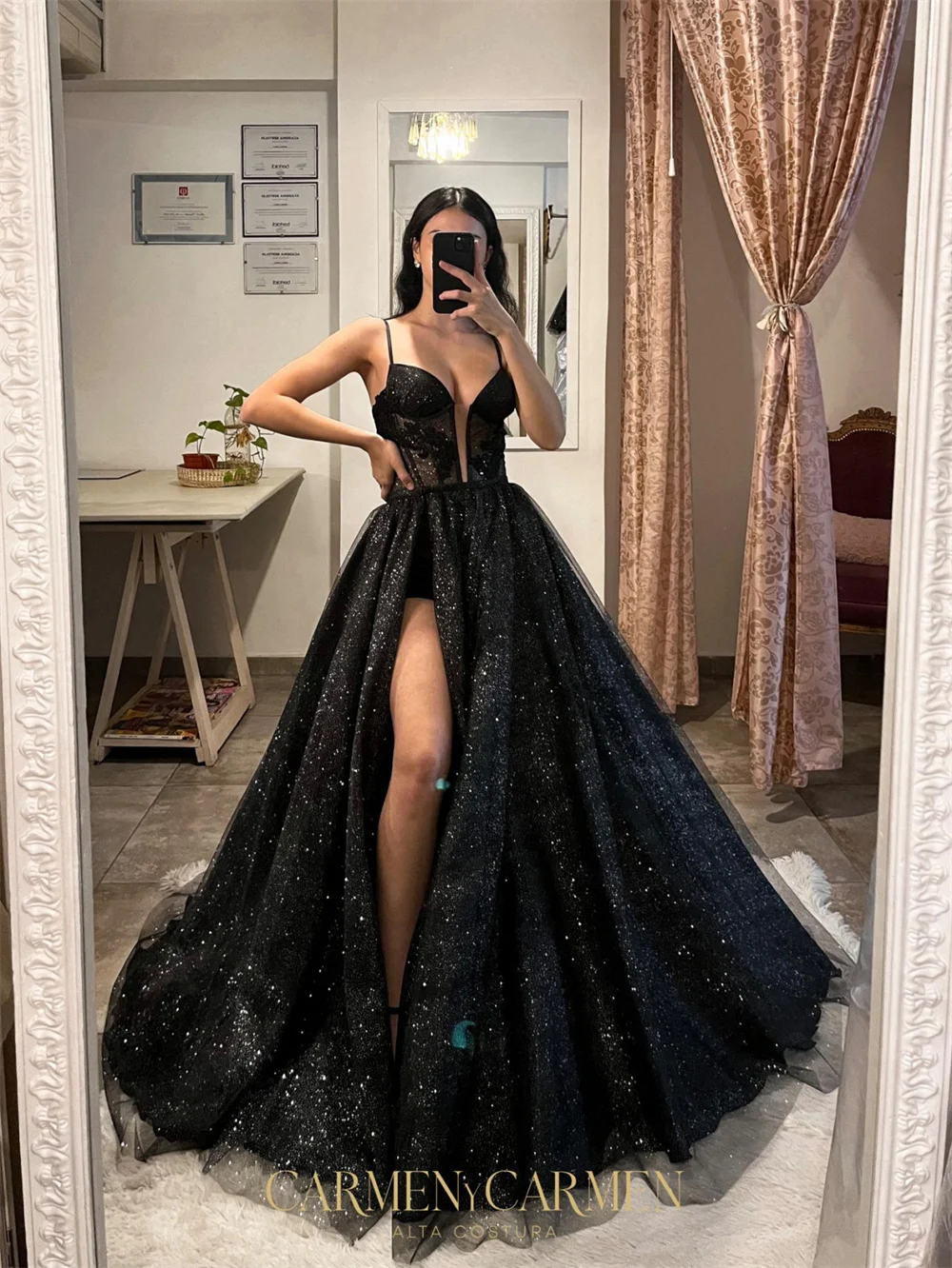 Jessica Black Glitter Prom Dresses Sexy Spaghetti Straps And High Slit  Evening Dresses Tulle Princess Party Dress Customized - AliExpress 320 Jessica Black Glitter Prom Dresses Sexy Spaghetti Straps And High Slit Evening  Dresses Tulle Princess Party Dress Customized - AliExpress 320