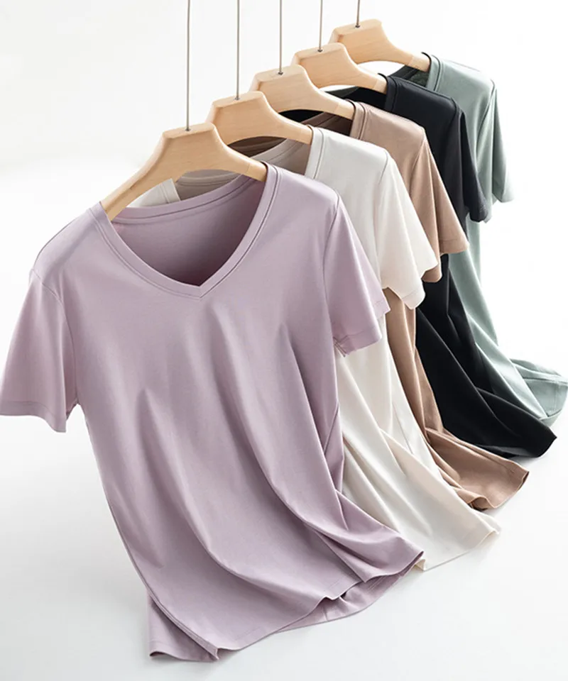 

MRMT 2024 Brand New Women's Mulberry Silk Mercerized Cotton T Shirt Women's Loose Simple V Neck Slim Short Sleeve