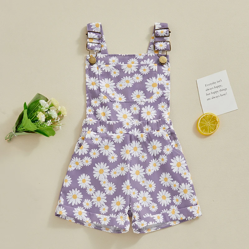 2024-01-09 Lioraitiin 0-6y Peuter Kinderen Meisjes Jean Overalls Korte Broek Zonnebloemen Print Mouwloze Verstelbare Strpas Denim Jumpsuit