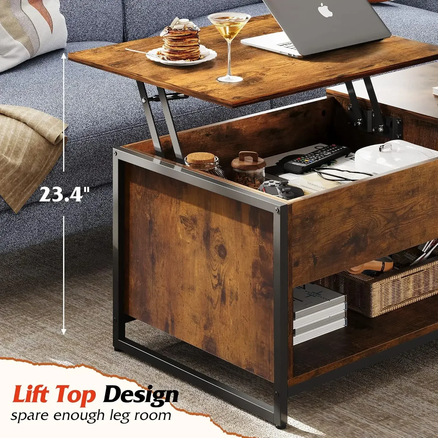 Coffee Table, 41.7" Lift Top Coffee Table with Hidden Compartment and Storage Cabinet, Wood Center Table , Rustic Brown 5
