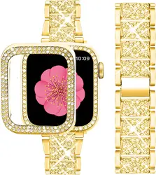 Luxurious Diamond Bling Strap & Case for Women - Metal Link Bracelet for Apple Watch (Gold)