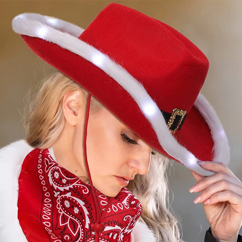 Red Santa Hat Western Style Cowboy Hats for Women Men Christmas
