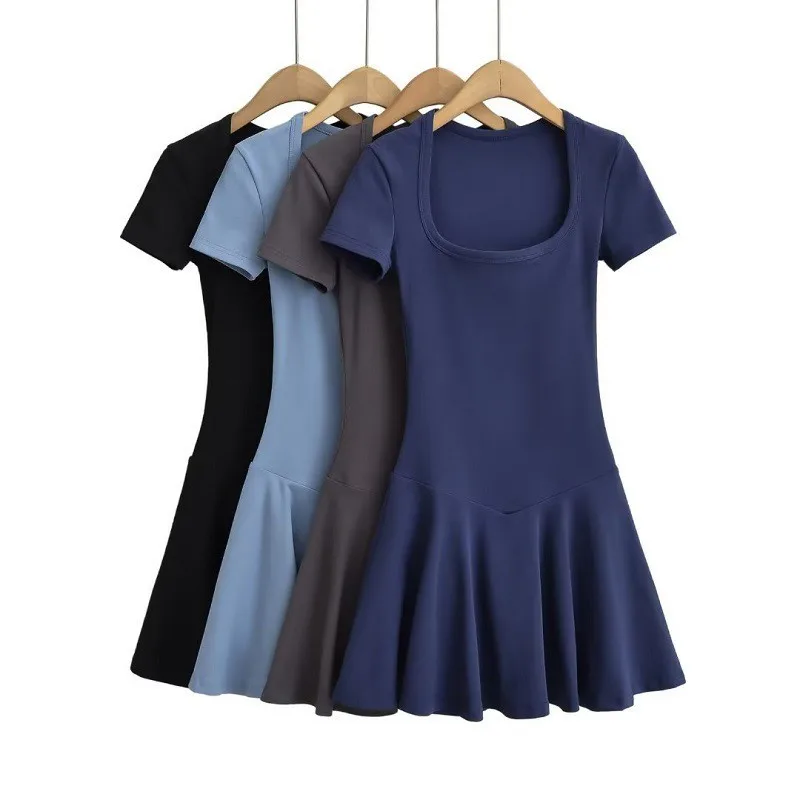 

Ballet Style Square Neckline Short Sleeved Dress For Women 2024 Summer Slim Fit Pleated Mini Dress