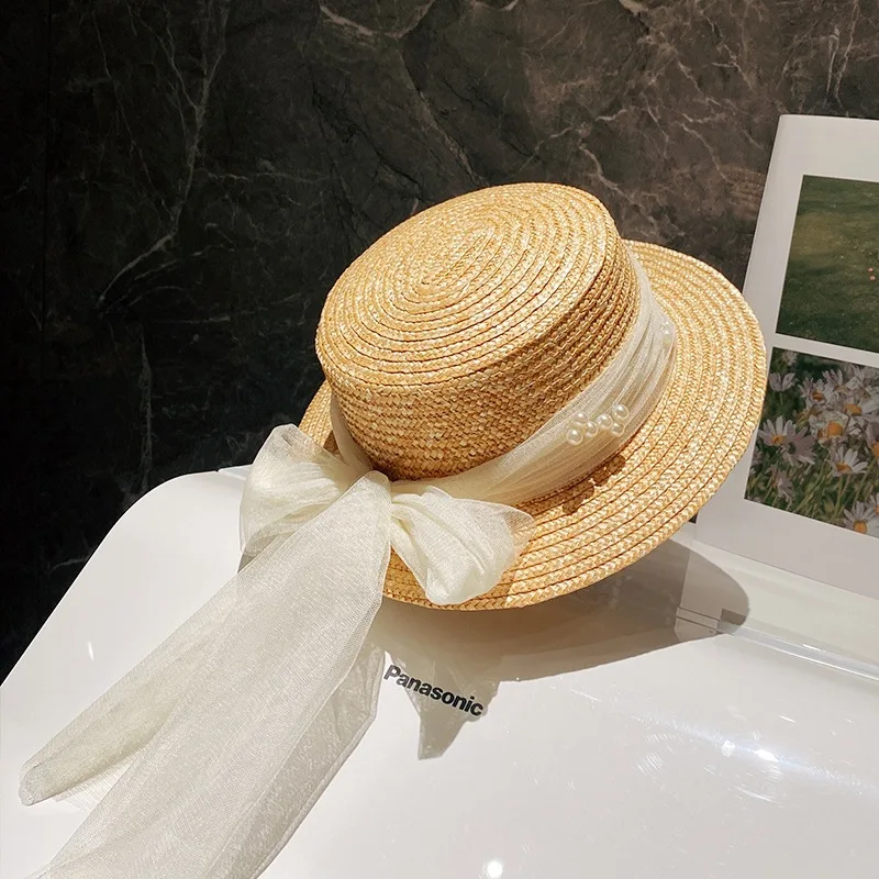 Elegant Fashion Mother Daughter Sunhats Lace Mesh Pearls Hat Cap Outdoor Beach Sunprotection Summer Straw Hat for Adult and Girl 6