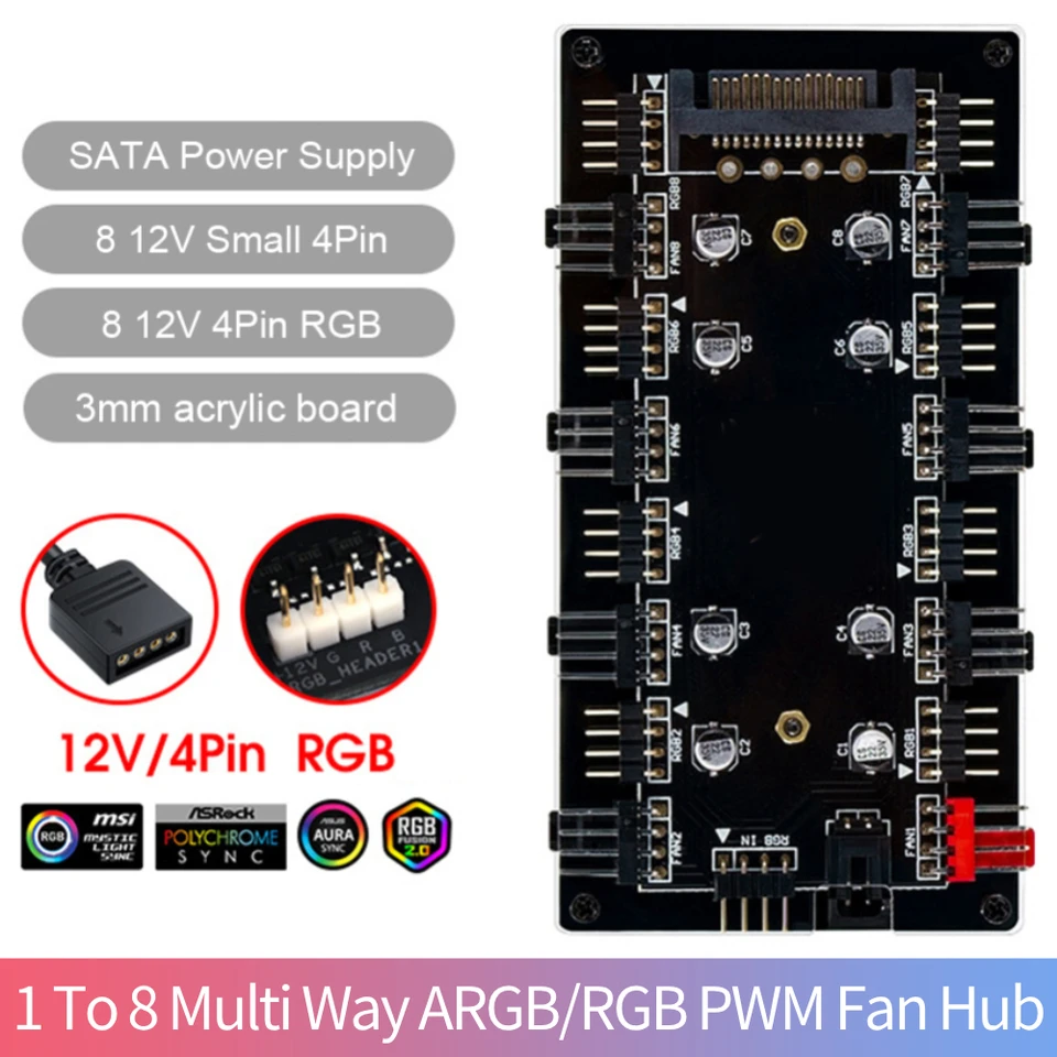 Hub Ventola PWM Chassis, Hub Controller Ventola di Raffreddamento da 1 a 8 Vie 12V 3PIN/4PIN, con Porta di Alimentazione a 6 Pin, per Scheda Madre PC Desktop
