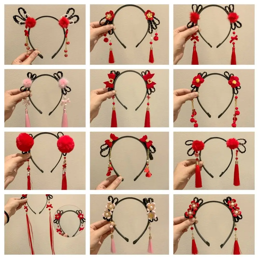 Flower Children Wig Headband Braid Hair Tang Suit Hair Hoop Chinese New Year Headwear Ancient Style Tassel Red Bow Hairband Baby