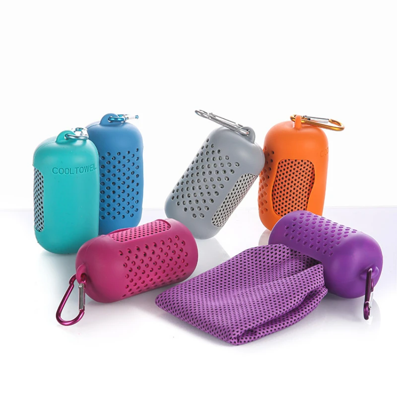 Portable Quick Drying Cooling Towel Instant Cooling Relief Sports Gym Pilates Running Travel Towel Silicone Pouch Customizeable