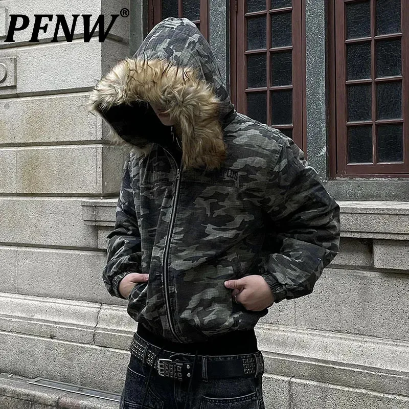 Cotton Jacket Parka Coat Parkas Coat PFNW American Vintage Camouflage Letter Detachable Fur Collar Short Cotton-padded Coat Men's Thick Casual Winter Jakcet 12C1779