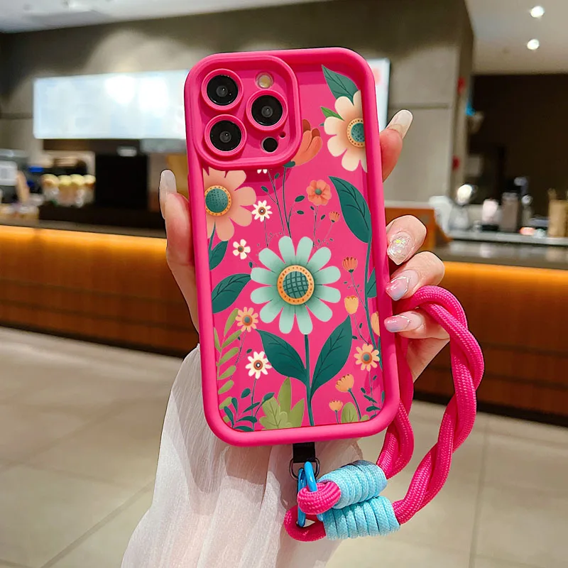 Floral Wrist Chain Lanyard Phone Case with Soft TPU Cover