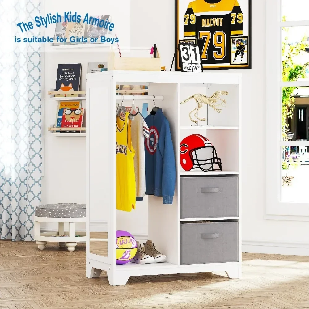 Children's Wardrobe with Long Mirror, Children's Wardrobe with 2 Storage Compartments, Hanging Clothing Wardrobe,