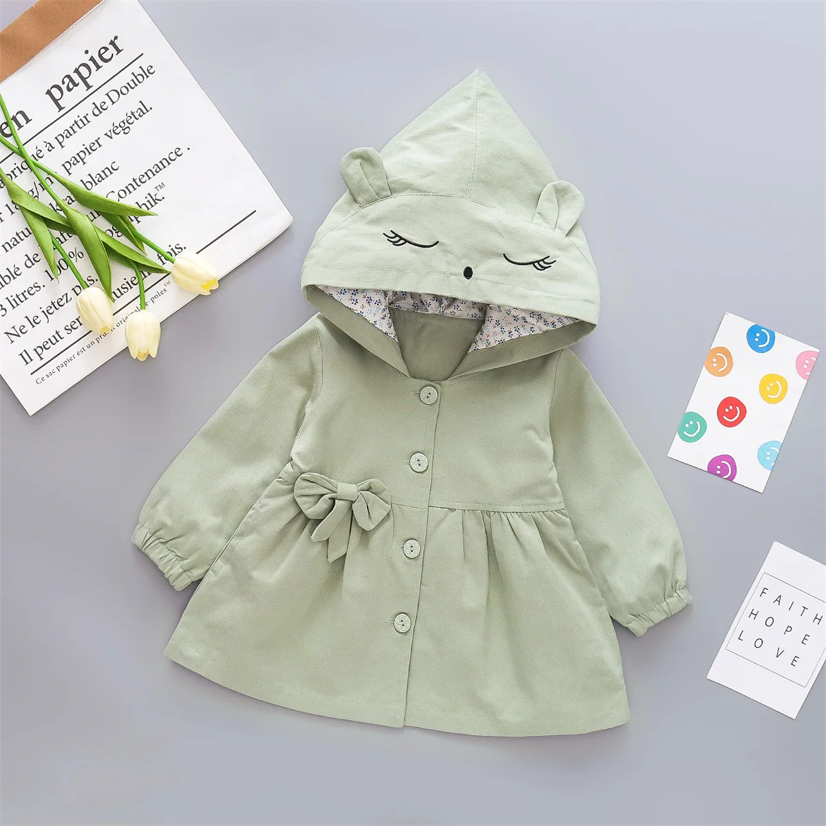 0-3 Year Old Girl Spring And Autumn Cute Hooded Coat Baby Single Breasted Hat Embroidered Cartoon Windbreaker for baby jacket,baby coat,children jacket