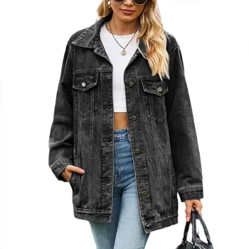 Vintage Denim Jacket Women Autumn Winter Loose Lapel Single-breasted Cardigan Coat Ladies Fashion Casual Commuter Outerwear 2024