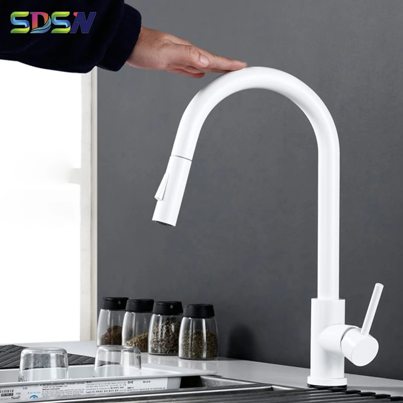 White Touch Kitchen Faucets with Stainless Steel Pull Out Kitchen Mixer Tap Single Handle Pull Down Sensor Touch Kitchen Faucet new kitchen sink