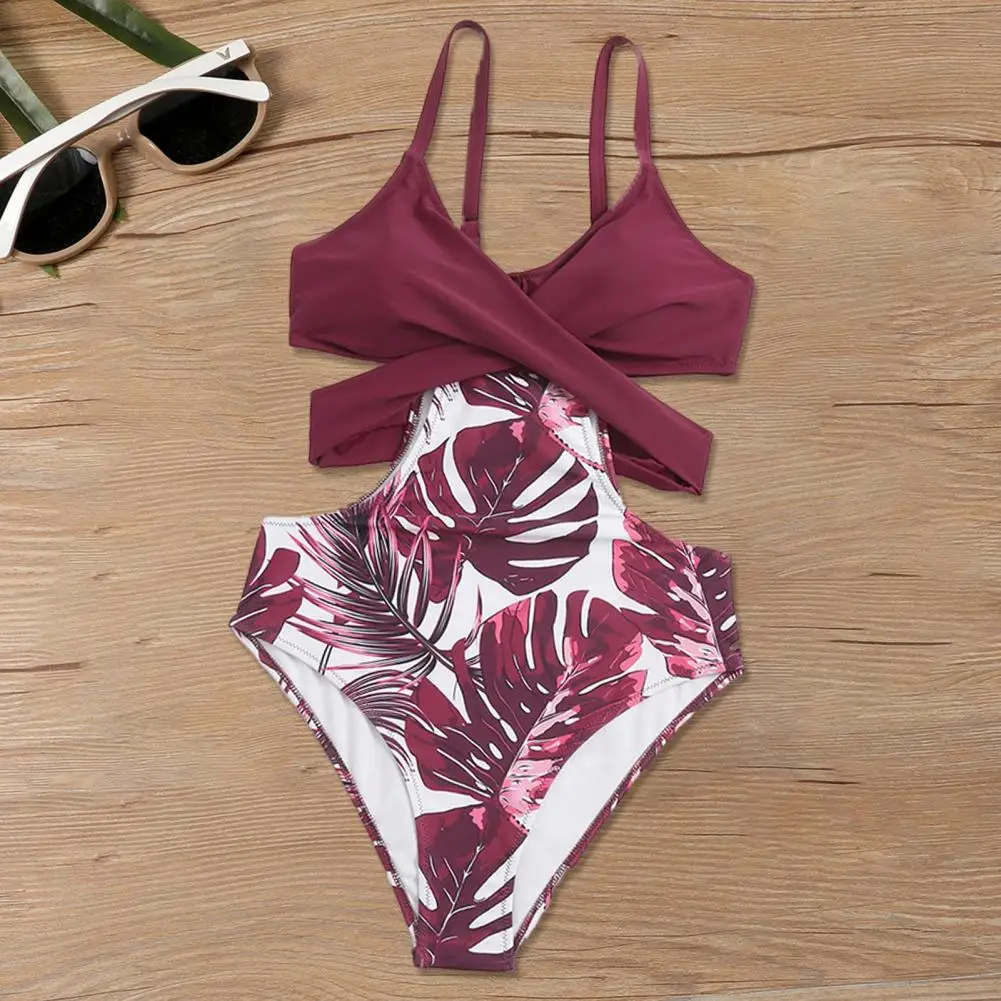 Stretchy Fabric Swimsuit Stylish Leaf Print V-neck Monokini Swimsuit for Women Slim Fit Backless One-piece Bathing for Summer