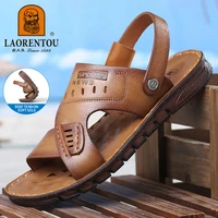 LAORENTOU cowhide breathable sandals with soft soles and anti slip cow tendon soles, cool slippers for casual wear