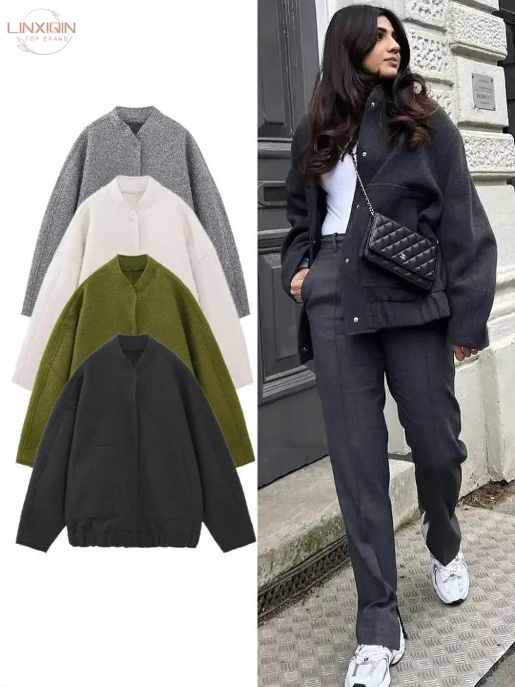 

LINXIQIN Women Pocket Decorative Hidden Button Loose Versatile Oversized Bomber Jacket Round Neck Long Sleeve Casual Top Coats