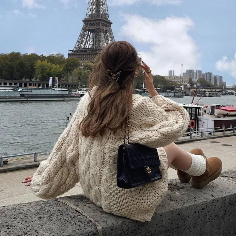 Knit Oversize High Neck Jumper Sweater Women Lazy Round Neck Ribbed Pullover Female Autumn Winter Thick Warm Lady Knitwear