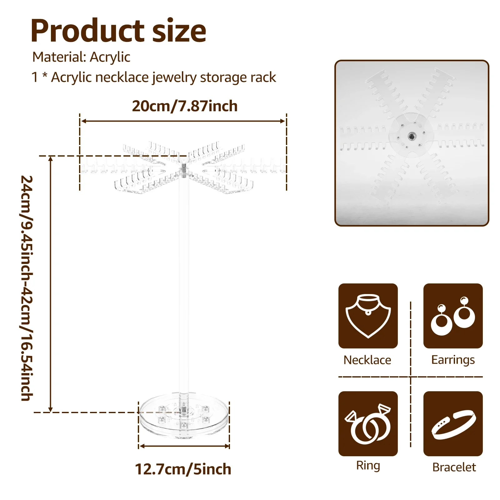 Acrylic Jewelry Organizer Display Necklace Holder Clear Rotating Necklace Organizer Stand for Necklaces Earring Pendant Bracelet 6