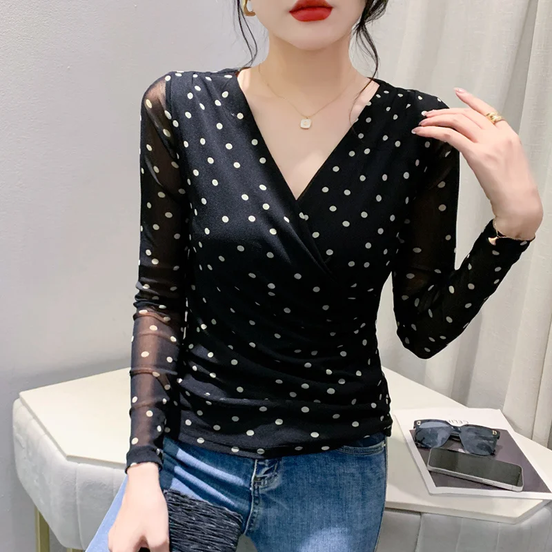 

#8567 Polka Dot Printed Mesh T Shirt Long Sleeve Split Joint Tight Wrap T Shirt Femme Sexy V-neck Office Women's T-shirt Autumn