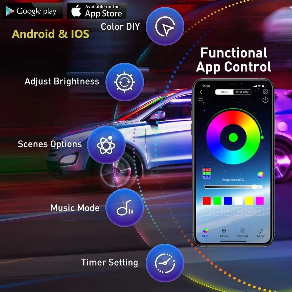 Ruban RGB Multicolore Kit LED Neon Lychee Pour Auto - Ruban RGB 90x60cm IP68 - Télécommande Et Contrôle Acoustique - 180 LEDs Télécommande IR - 6