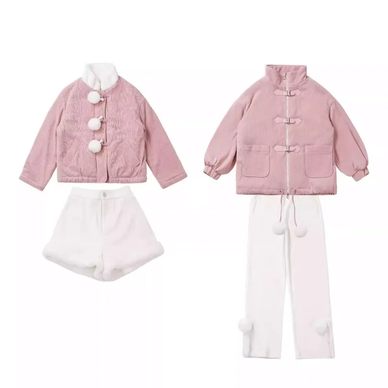 Fur Ball Pink Winter Bread Cotton-Padded Coat Corduroy Soft Comfortable Suit Autumn Winter Warm Long Sleeve Single-breasted Top