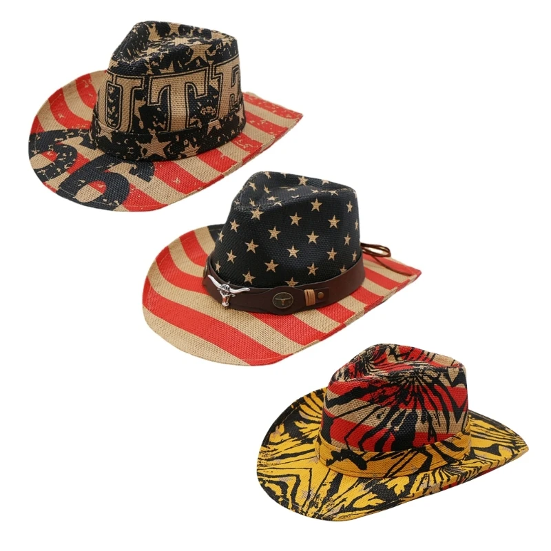 

Lightweight Hard American Pattern Hat for Women Men Breathable Cowboy Cap with Metal Ox Head Cap Dropship