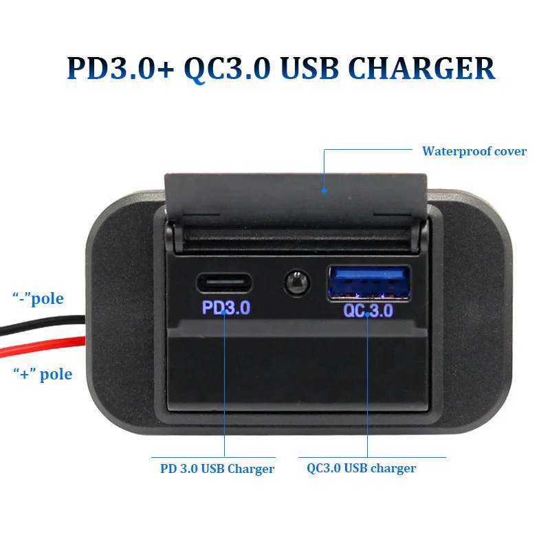 고속 충전 범용 방진 방수 USB Type-c 내장형 디자인 자동차 버스 RV 보트 충전기 12V/24V 듀얼 QC+PD 소켓