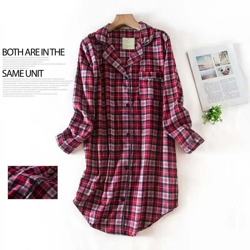 Women Nightgowns Women Nightdresses Sleeping Dress Flannel Cotton Home Nightdress Cardigan Shirt Night Dress Cute Cartoon Plaid Design Sleepwear Fashion Sleeping Shirt Woman