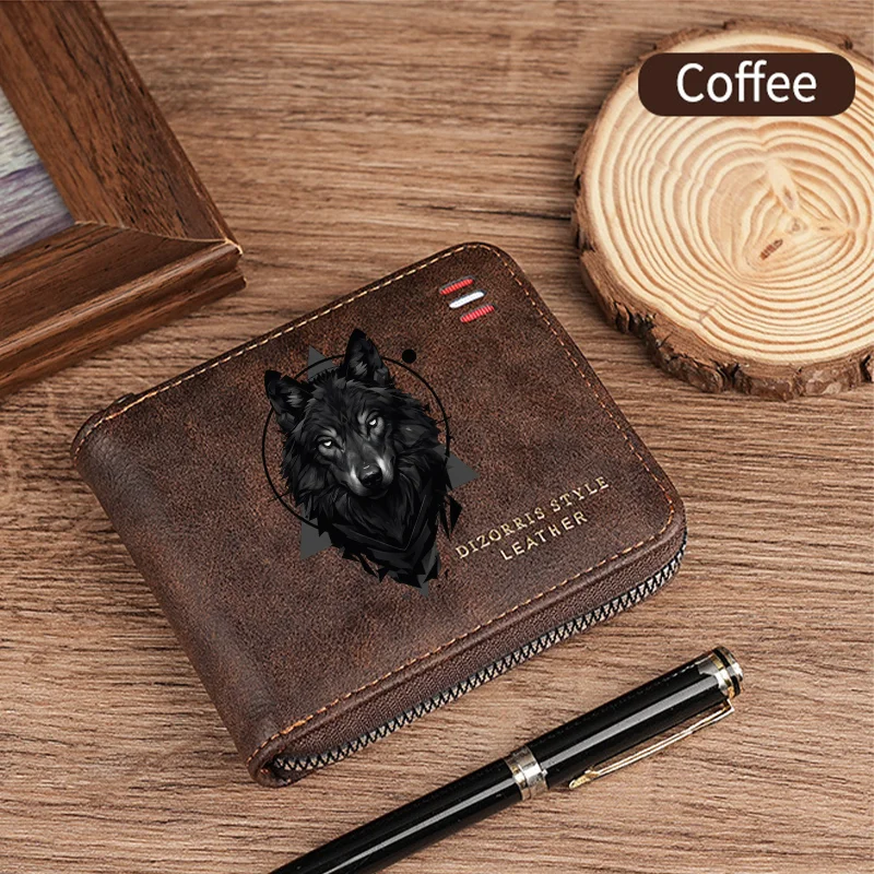1 Stück Herren-Geldbörse mit Wolf-Print, kurze Geldbörse mit Reißverschluss, schlanke klassische Geldbörse mit Münzfach, Kartenhalter, mattiertes Leder, Geschenk – Detail 9