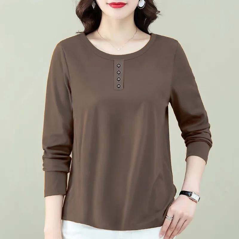 2023 Autumn Women Clothes Retro Simple Casual Button Loose Basic T Shirt Female Solid Color Round Neck Long Sleeve Pullover Tops 1
