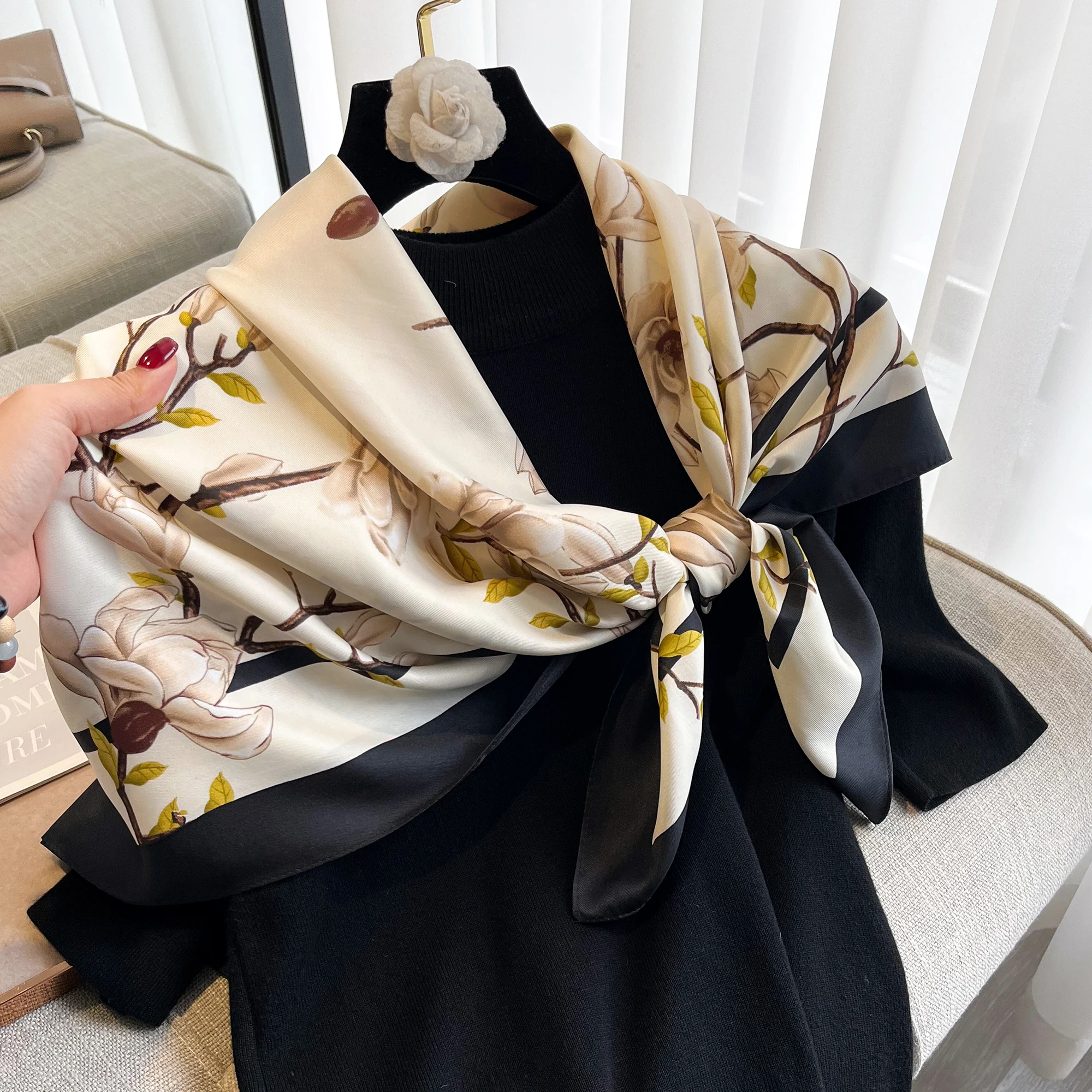 New Luxury Brand Silk Scarf Women Large Shawls Hijab Design FLoral art imitation silk sunscreen outdoor Travel beach towel