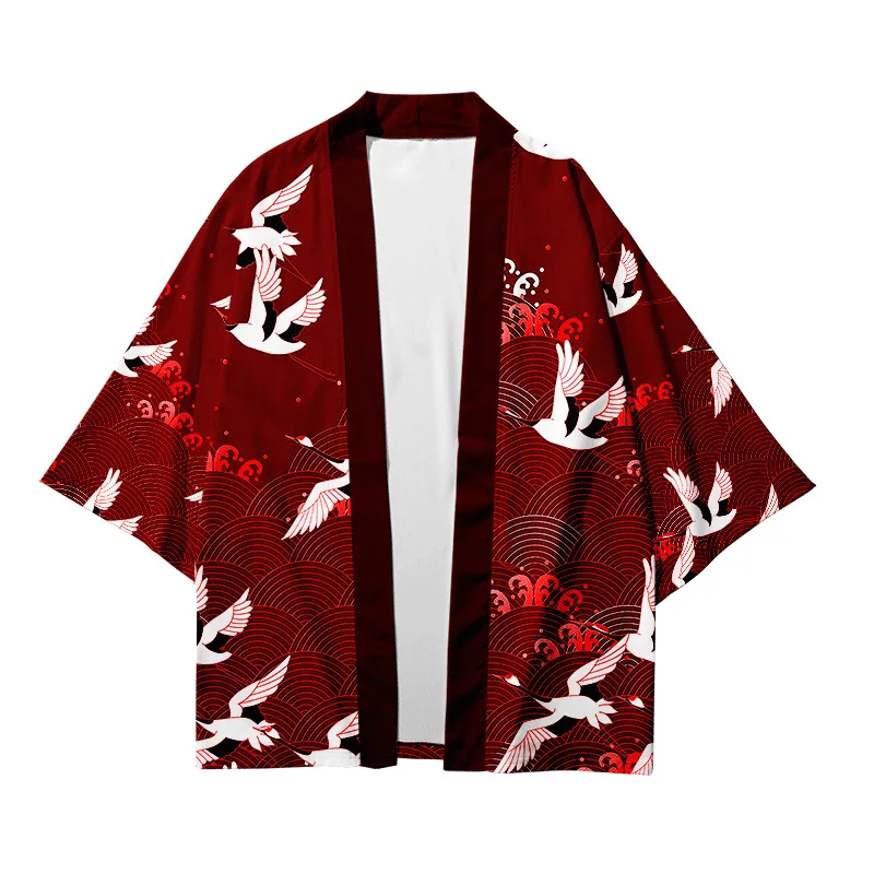 Summer Asian Traditional Dress Men's and Women's Crane Printed Kimono Cardigan Harajuku Yukata Dark Haori Shirt Jacket