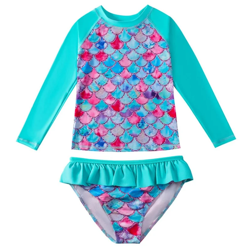 Children Swimsuit Girls' Two-Piece Split Swimsuit Sweet Long Sleeve Cartoon Fish Scale Print Pullover With Ruffle Briefs Beach Wear