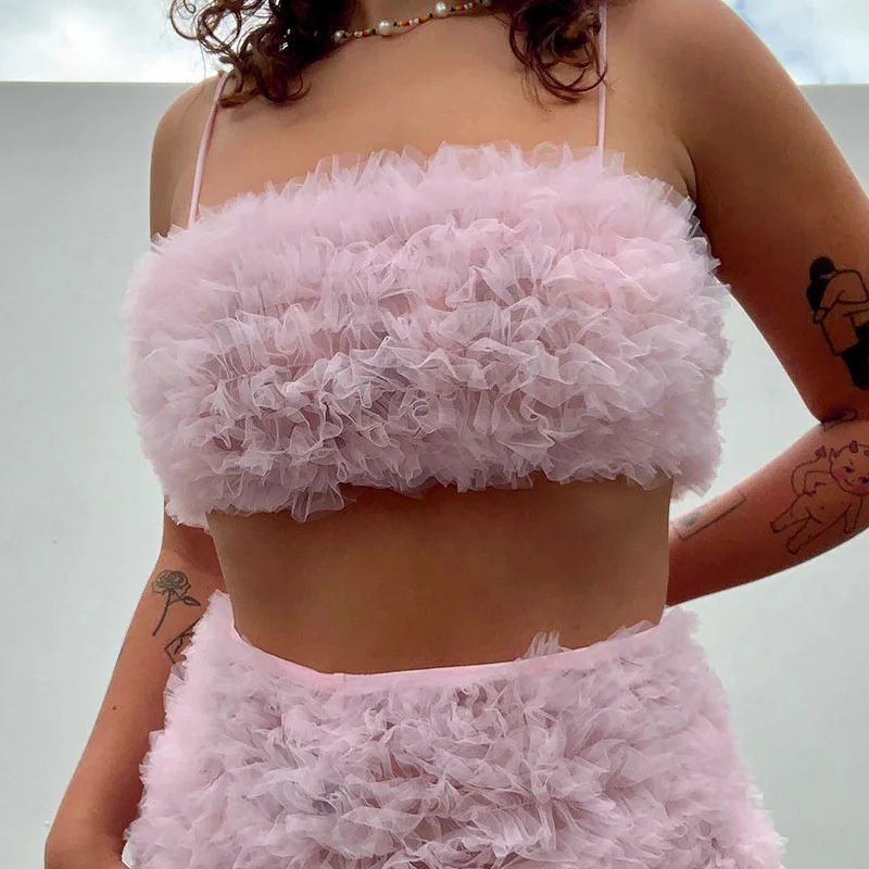 Sifreyr Sexy Mesh Ruffles Tube Top Women Fashion Fluffy Strapless Sweet Cute Camis Vest Party Backless Y2K Cropped Tank Clothing