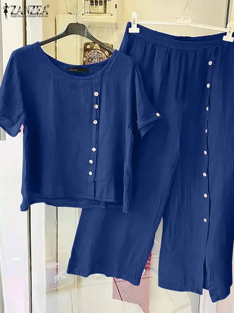

Fashion Suits ZANZEA Summer Short Sleeve Blouse Pant Sets 2pcs Outfits Casual Solid Loose Trousers Suits Women Matching Sets