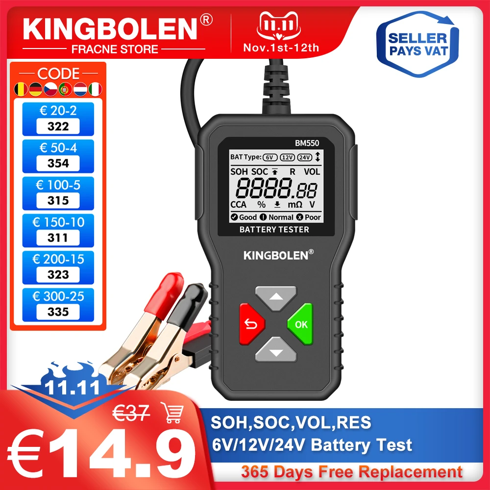 KINGBOLE BM550 Car Battery Tester 24V 12V 6V 100 2000 CCA 2 220Ah