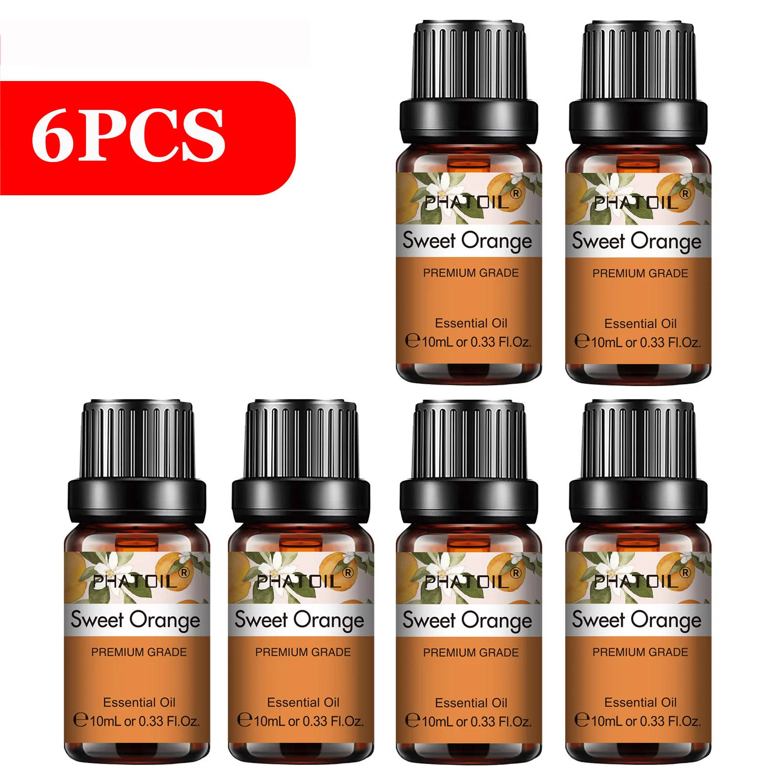 PHATOIL 6-Piece Pure Essential Oil Collection: Lavender, Eucalyptus, Peppermint, Tea Tree, Orange, Lemongrass for Aromatherapy and Crafting