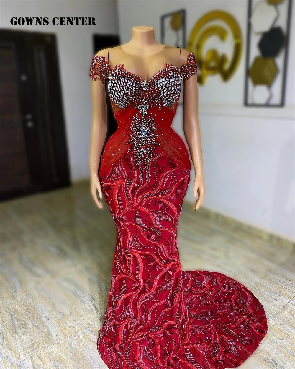 

Aso Ebi Sliver Stones Beaded Evening Dresses Mermaid African Traditional Red Dress Party Evening Elegant Luxury Celebrity Formal