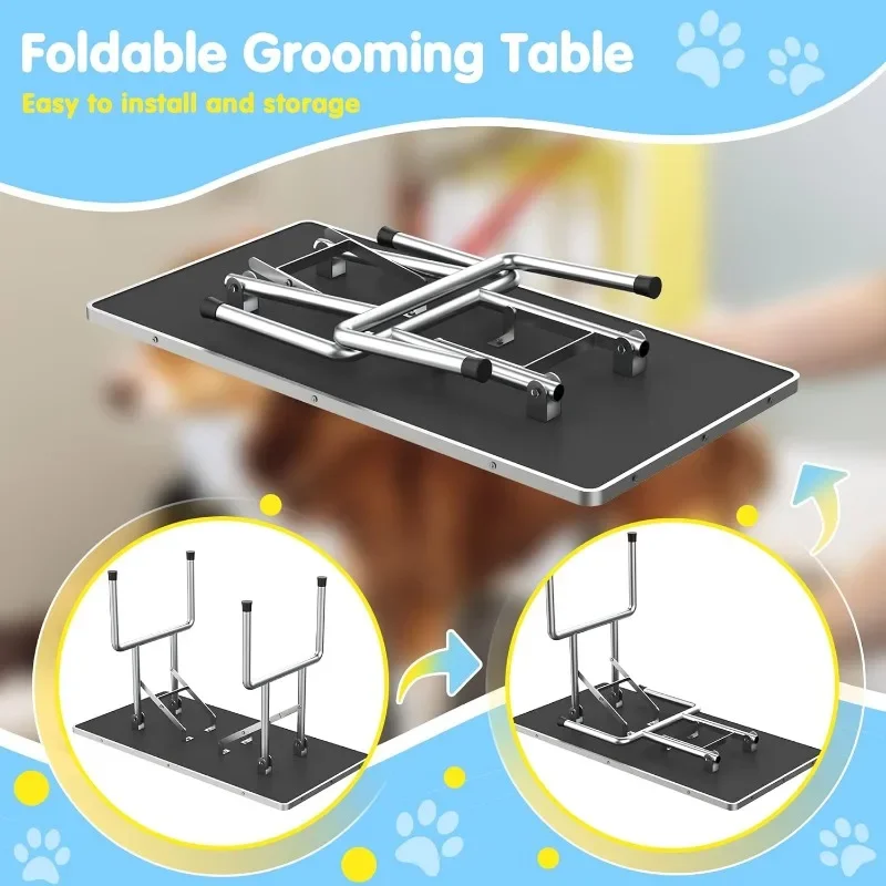 46''Large Dog Grooming Table, Adjustable Cat Drying Desktop with Arms, Nooses, Mesh Tray, Foldable Pet Station at Home 6