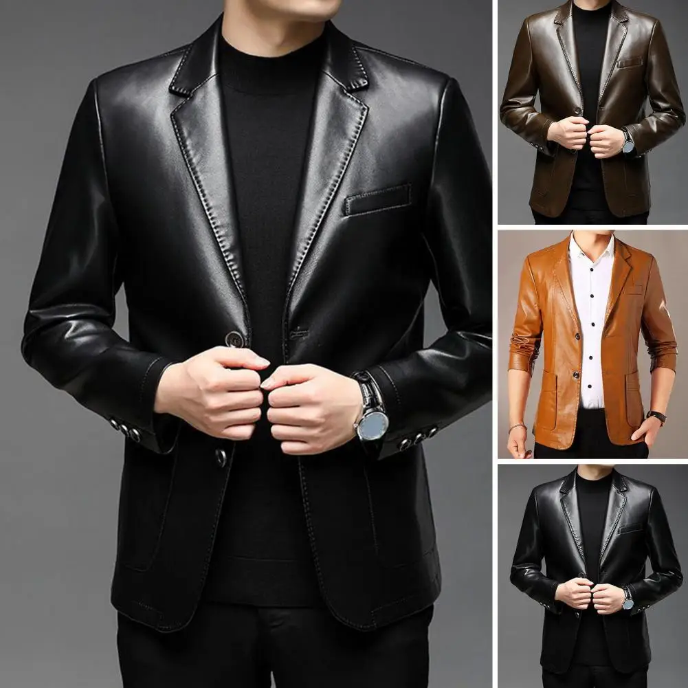 Men Leather Jacket Button Decoration Lapel Collar Outdoor