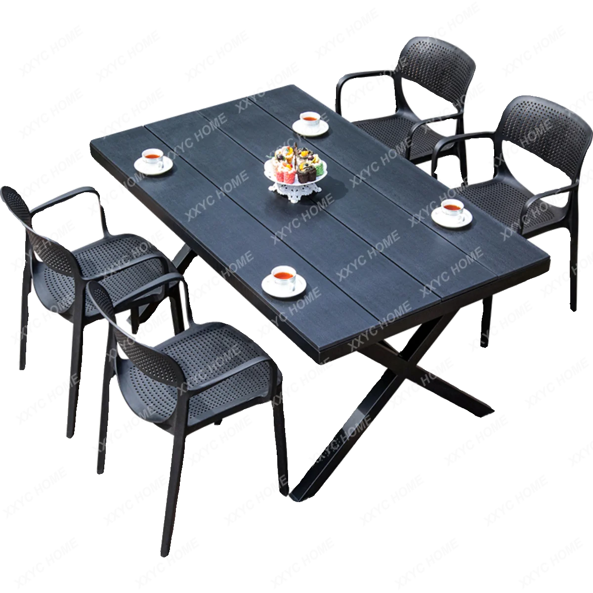 Outdoor Plastic Wood Table and Chair Courtyard Outdoor Terrace Leisure Dining-Table Chair Waterproof and Sun Protection