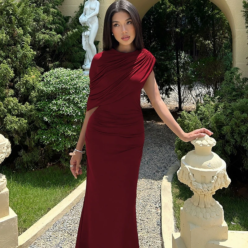 Hugcitar Frauen Mode Rollkragen Solide Kurzarm Unregelmäßige Sexy Geraffte Maxi Prom Kleid Sommer Kleidung Abend Party Geburtstag – Detail 20