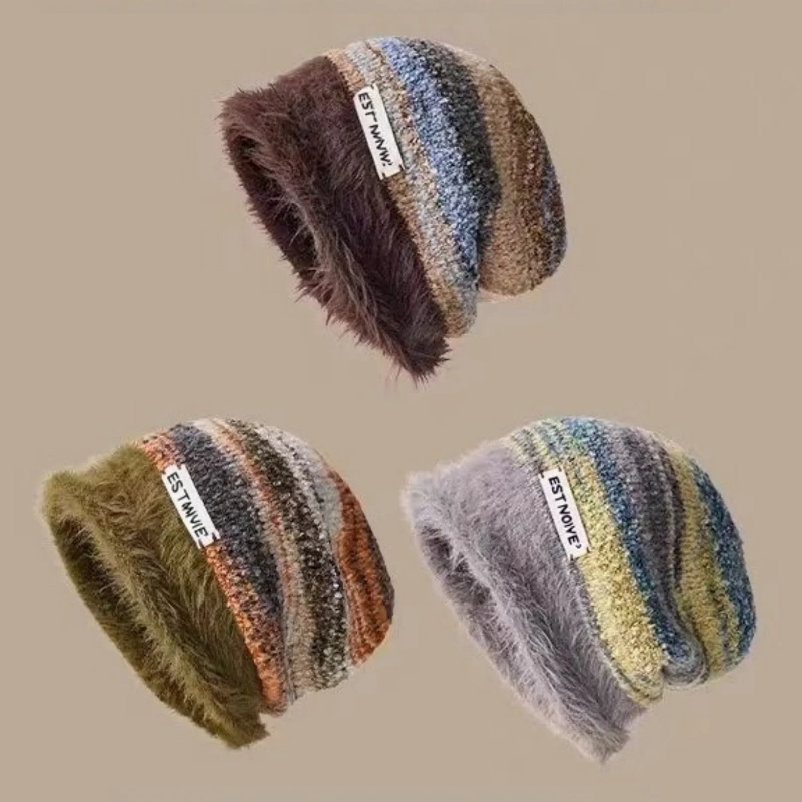 1PC Furry Knitted Beanie Hat, Warm Striped Winter Cap , Trendy Casual Headwear For Women, Cross - Border Fashion Accessory