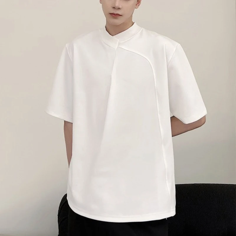Summer Harajuku New Round Neck Short Sleeve Men Oversized Clothes Plain Fashion Tops Bright Line Decoration Patchwork Streetwear