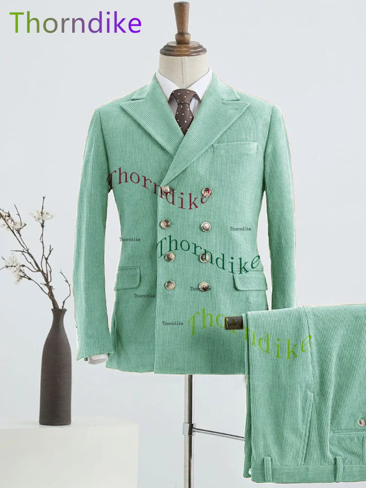 Thorndike Lilac Corduroy Mens Tuxedos Peaked Lapel Casual Party Prom Suit 2 Pieces Set Young Men Wear Blazer Pants For Groommen