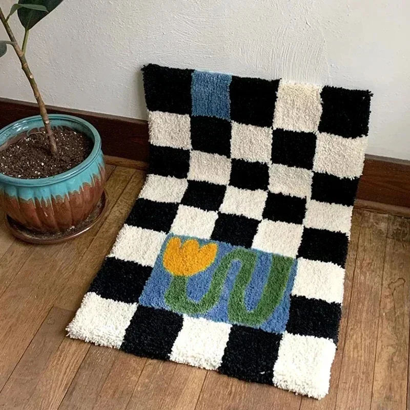 Retro Chessboard Plaid Bath Mats Fluffy Grids Soft Floral Carpet Bathroom Anti Slip Carpet Bedside Mats Ins Style Flocked floor mat
