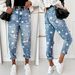 Jeans jeans para mulher rasgado buraco estiramento jean senhoras plus size bandagem calças compridas estrela imprimir jeans