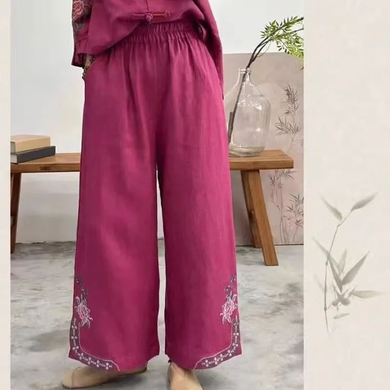 2024 Women's Spring Summer Retro Embroidery Elastic Cotton Hemp Temperament Versatile Casual Loose Crop Pants Wide Leg Pants
