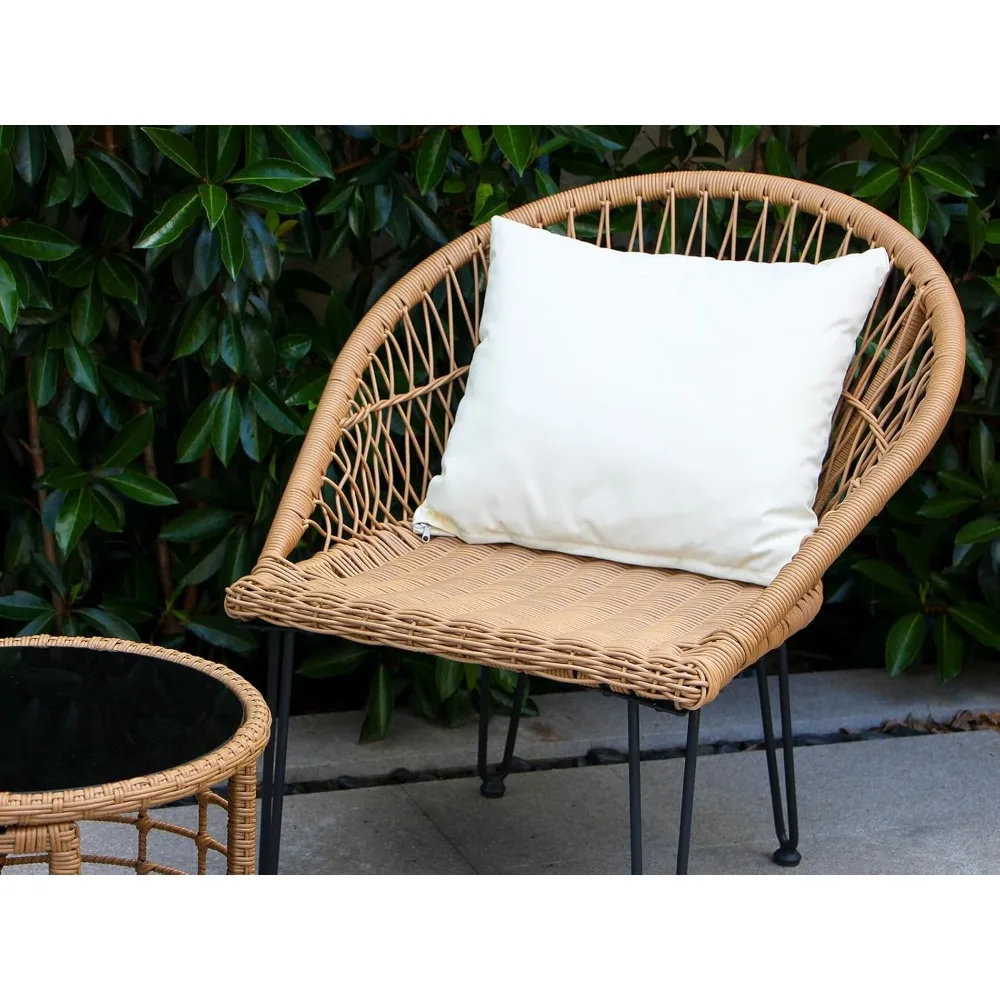 N&V Wicker Patio Furniture Bistro Sets Outdoor Conversation Chair with Glass Table and Cushions for Porch Backyard Garden (Khaki 2