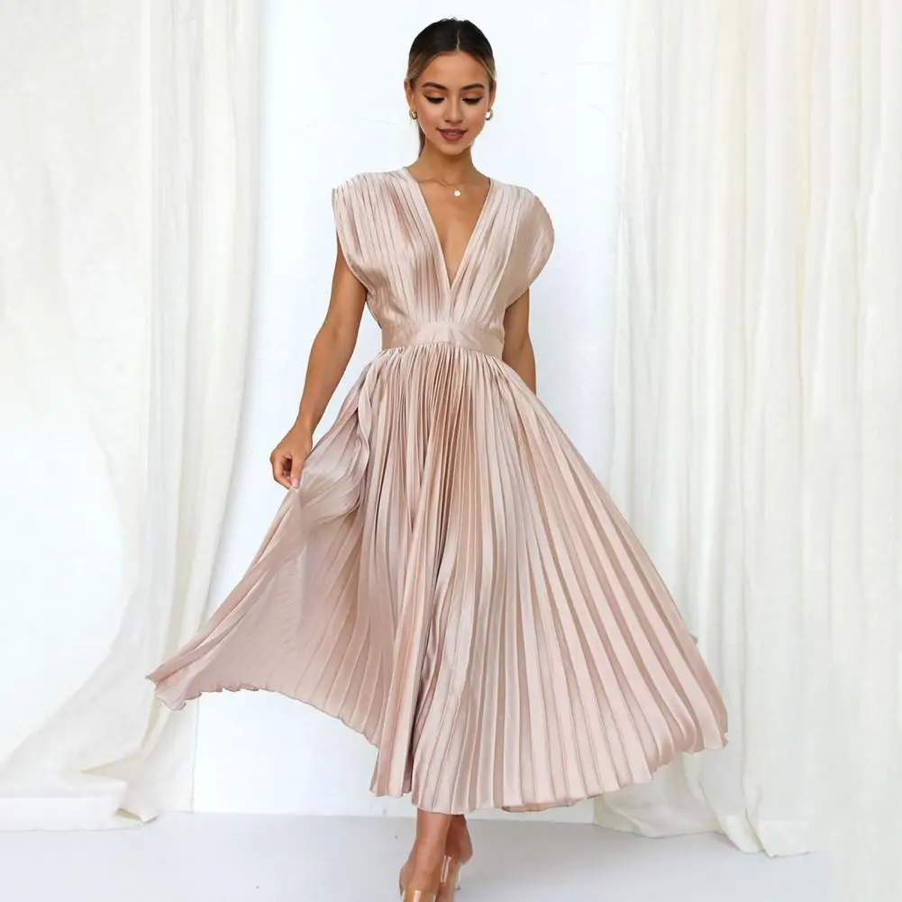 

Women's V-Neck Sleeveless Dress Summer Casual Loose Pleated Gown Elegant Party Dress Strapless Dress vestidos para mujer